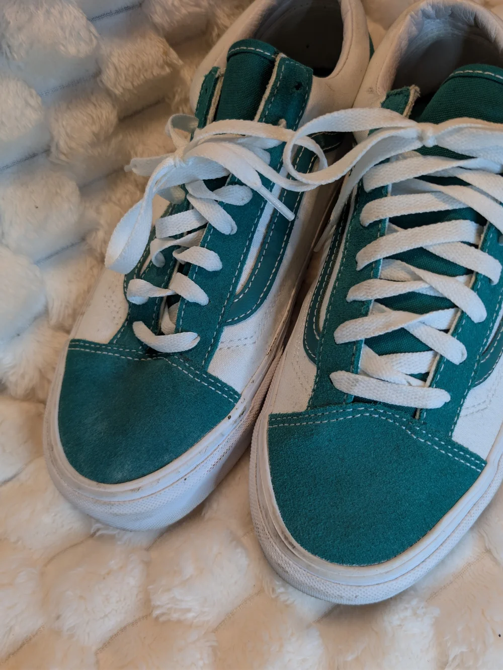Vans Old Skool Teal Green White Canvas Suede Skate Shoes Men's 10 / Women's 11.5
